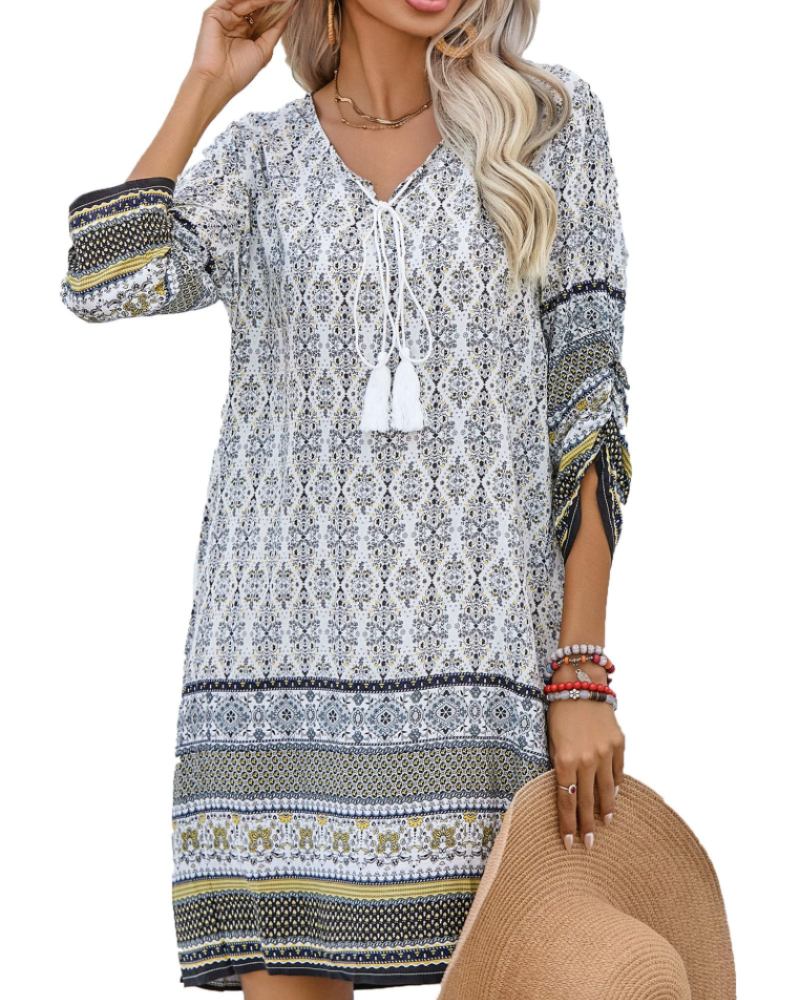 Sukienka Cella Robe Bohème Femme – Sukienka Tunika w Kwiaty z Dekoltem w Serek, Rękawy 3/4 i Luźny Krój