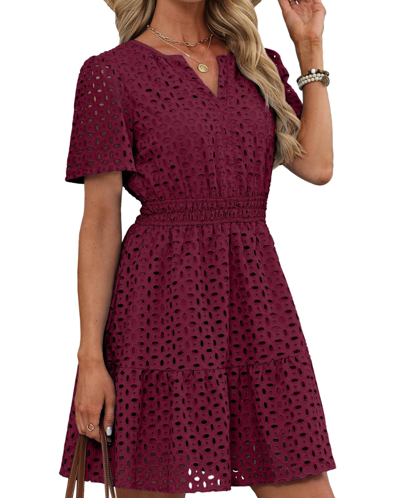 Hedwig kjole til kvinder – V-udskæring med broderet blonder, korte ærmer & mini-snit med høj talje til sommer