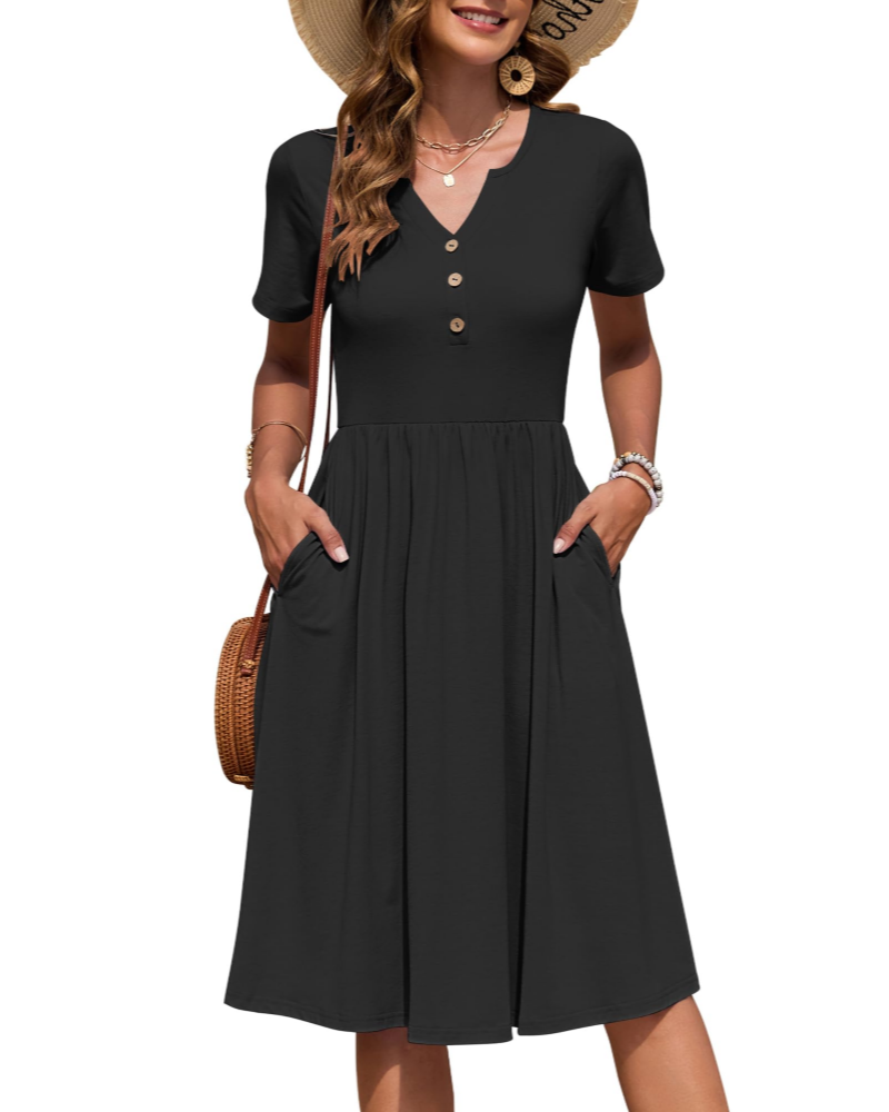 Maëvora Vestido de Mulher Comprido até ao Joelho – Vestido com Decote em V, Cintura Império e Bolsos