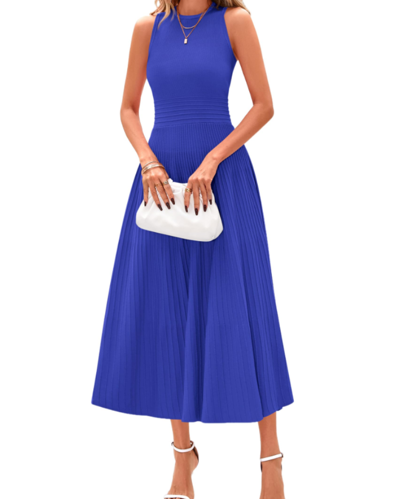 Blare Sukienka Damska – Elegancka Midi Sukienka A-Linia Plisowana Bez Rękawów z Wysokim Stanem do Biura