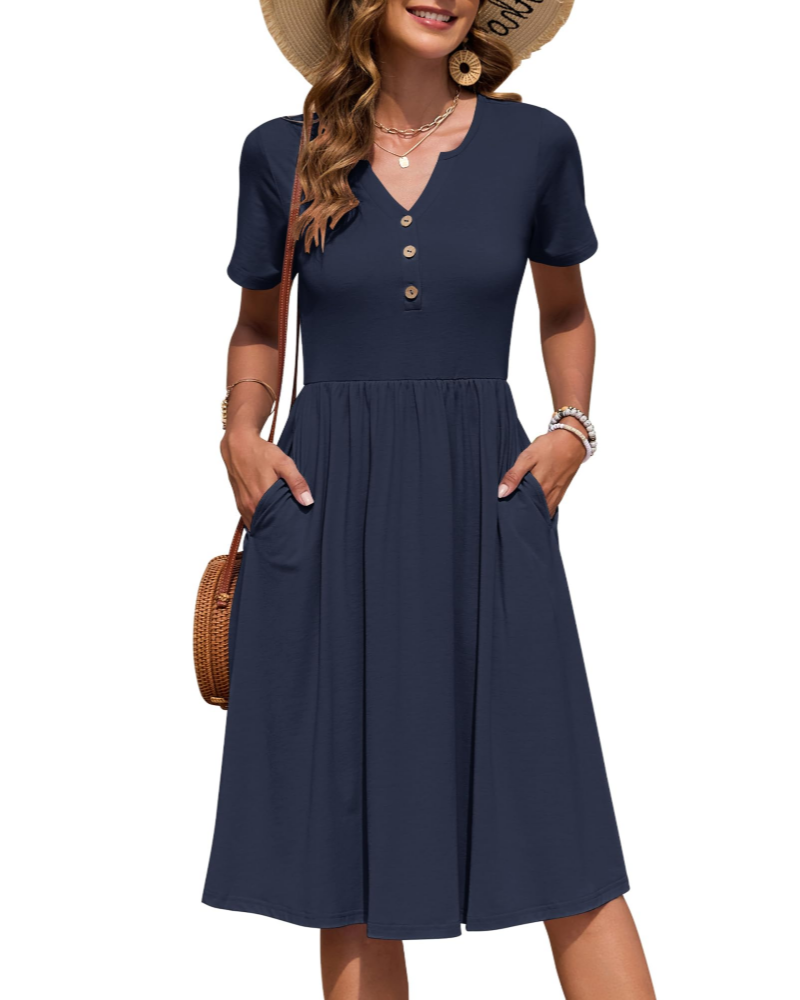 Maëvora Vestido de Mulher Comprido até ao Joelho – Vestido com Decote em V, Cintura Império e Bolsos