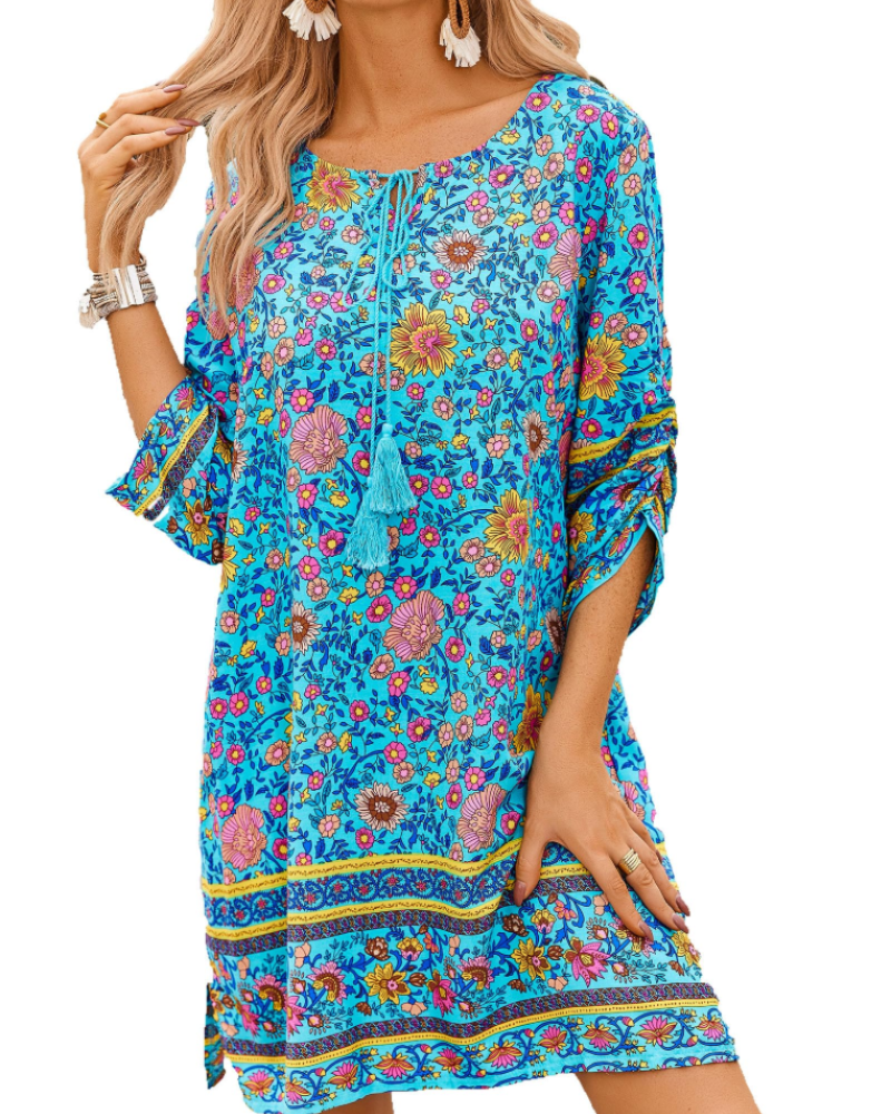 Sukienka Cella Robe Bohème Femme – Sukienka Tunika w Kwiaty z Dekoltem w Serek, Rękawy 3/4 i Luźny Krój