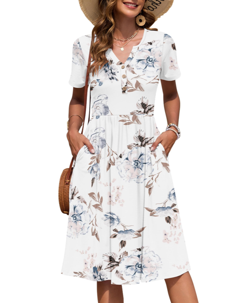 Maëvora Vestido de Mulher Comprido até ao Joelho – Vestido com Decote em V, Cintura Império e Bolsos