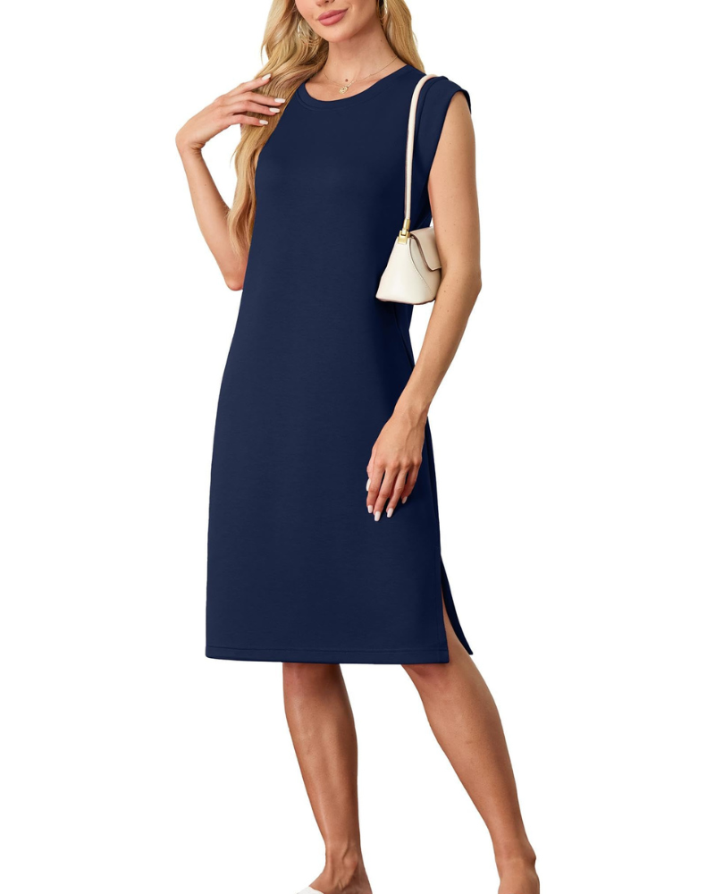 Wensy Women's Dress – Sleeveless Round Neck, Midi Cut with Slit & Elegant Pockets