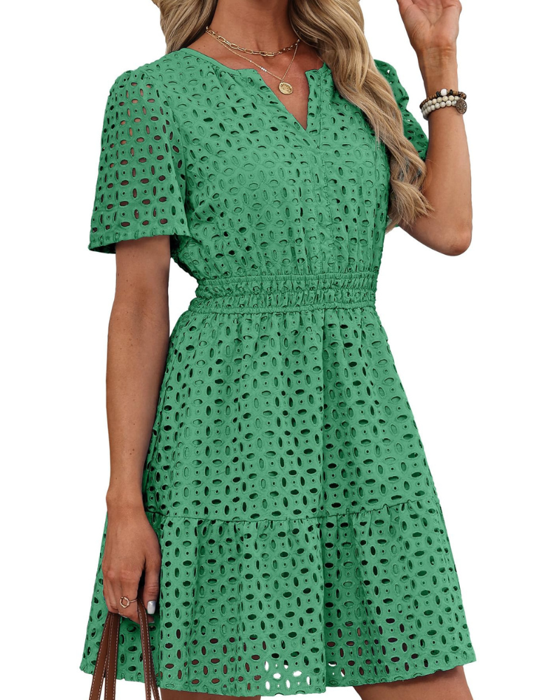 Hedwig kjole til kvinder – V-udskæring med broderet blonder, korte ærmer & mini-snit med høj talje til sommer