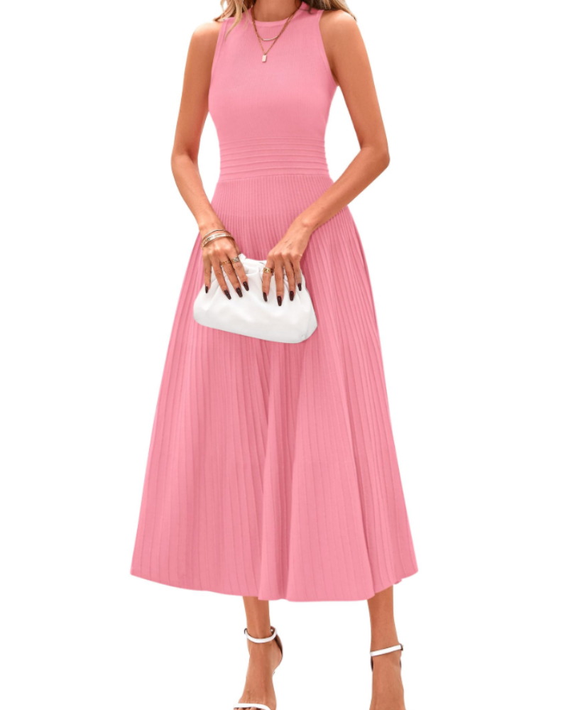 Blare Sukienka Damska – Elegancka Midi Sukienka A-Linia Plisowana Bez Rękawów z Wysokim Stanem do Biura