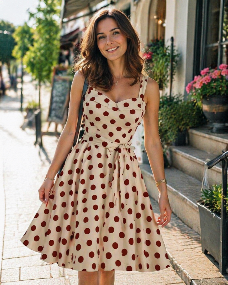 Rosie Robe Femme – Midi šaty vintage s puntíky, výstřih do V, bez rukávů, vysoký pas, rockabilly šik