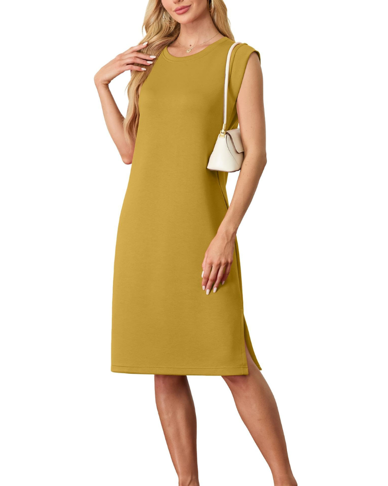 Wensy Women's Dress – Sleeveless Round Neck, Midi Cut with Slit & Elegant Pockets
