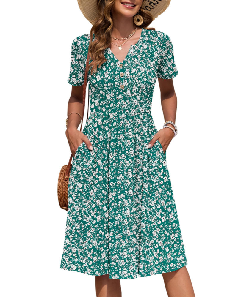 Maëvora Vestido de Mulher Comprido até ao Joelho – Vestido com Decote em V, Cintura Império e Bolsos