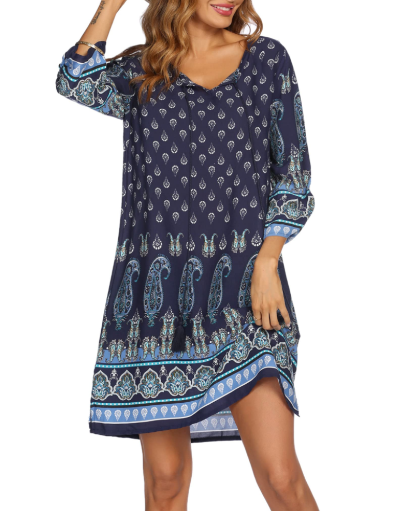 Sukienka Cella Robe Bohème Femme – Sukienka Tunika w Kwiaty z Dekoltem w Serek, Rękawy 3/4 i Luźny Krój