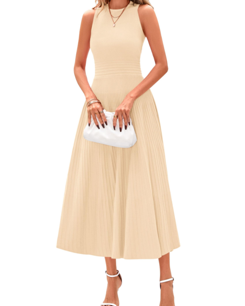 Blare Sukienka Damska – Elegancka Midi Sukienka A-Linia Plisowana Bez Rękawów z Wysokim Stanem do Biura