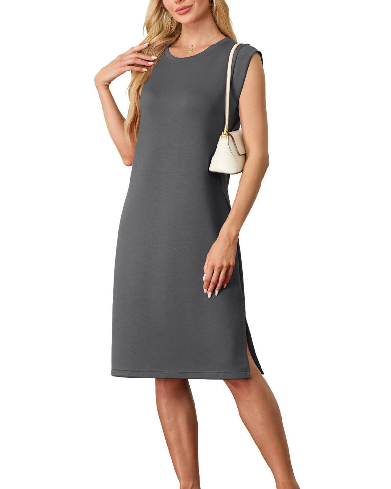 Wensy Women's Dress – Sleeveless Round Neck, Midi Cut with Slit & Elegant Pockets