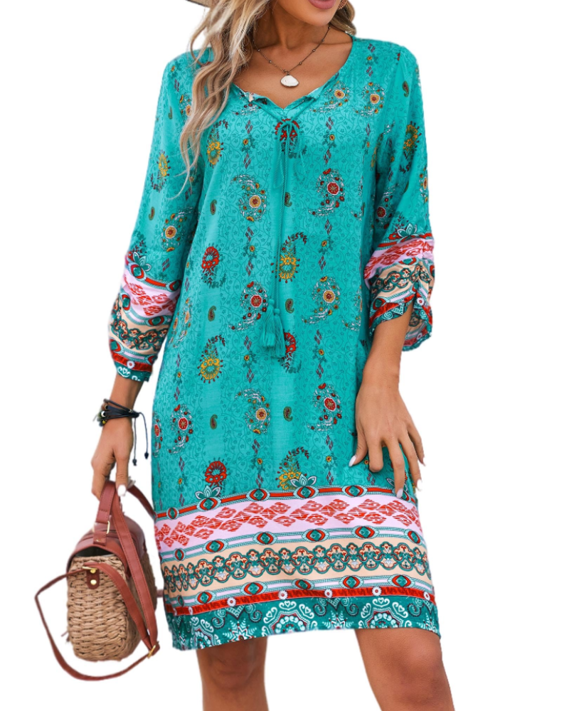 Sukienka Cella Robe Bohème Femme – Sukienka Tunika w Kwiaty z Dekoltem w Serek, Rękawy 3/4 i Luźny Krój