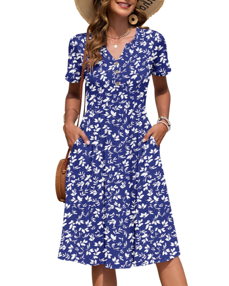 Maëvora Vestido de Mulher Comprido até ao Joelho – Vestido com Decote em V, Cintura Império e Bolsos