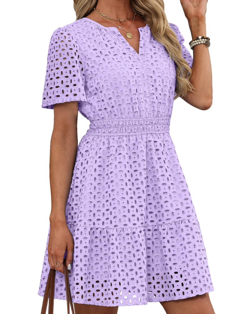 Hedwig kjole til kvinder – V-udskæring med broderet blonder, korte ærmer & mini-snit med høj talje til sommer