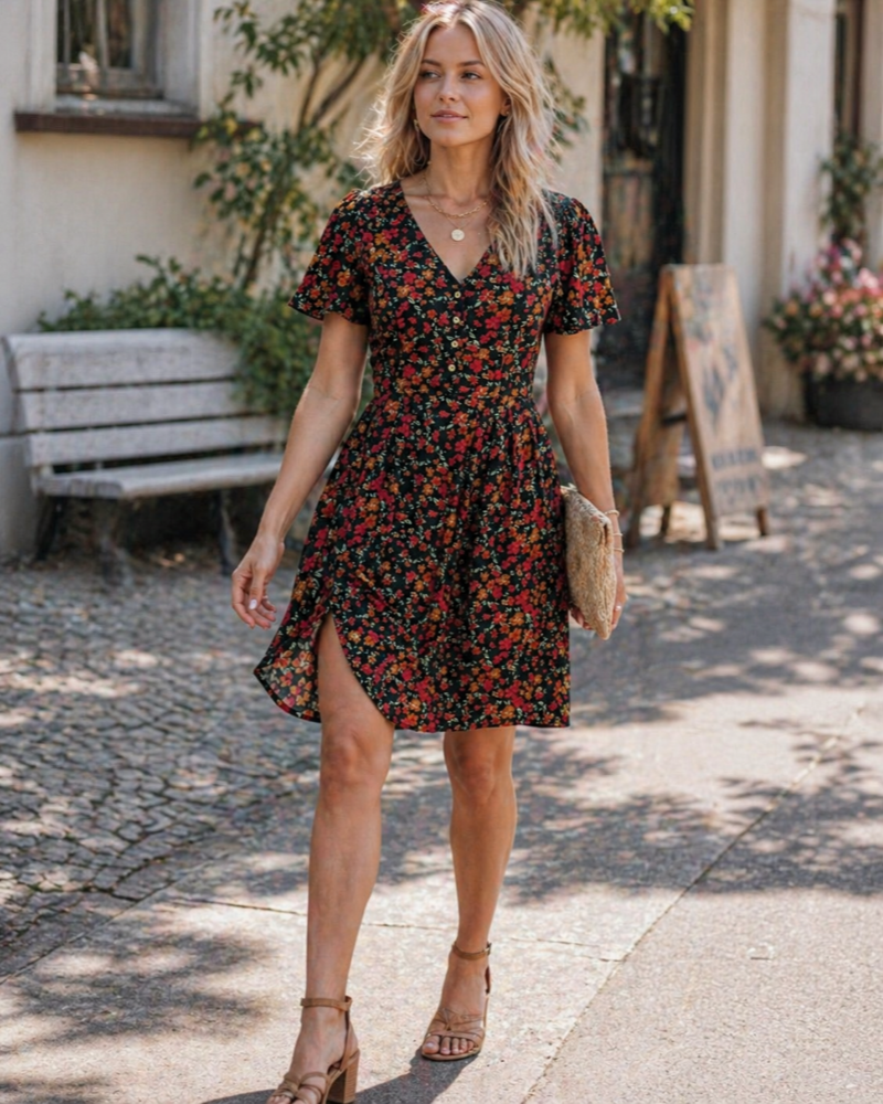 Della Midikleid Damen – geblümtes Kleid mit V-Ausschnitt und Knöpfen, A-Linien-Schnitt & Gürtel