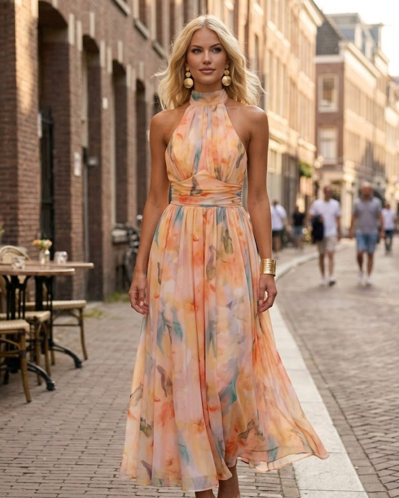 Amarah Nyári Ruha Női – Muszlin Halter Nyakú Barackmintás Ruha, Laza és Elegáns