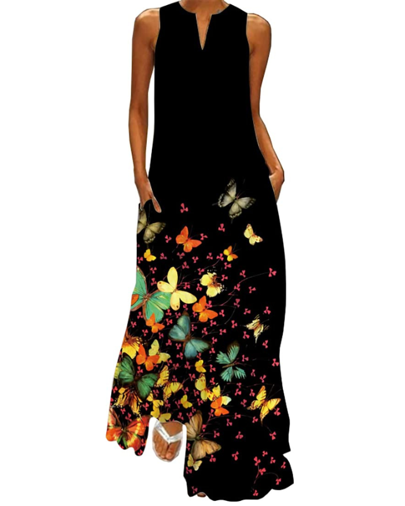 Vestito lungo floreale da donna Genevra – Abito bohemien con scollo a V, stampa farfalle e tasche