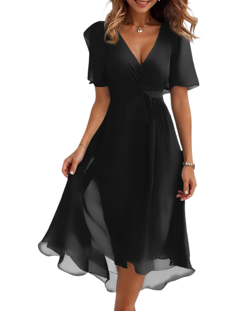 Maëlys Women's Floral Midi Dress – V-Neck Wrap Dress with Adjustable Waist Tie