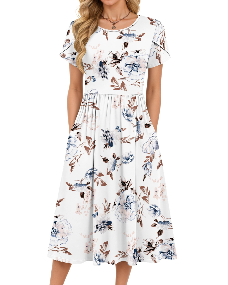 Delilah Robe Midi Femme – Robe d'Été Trapèze à Taille Élastique avec Poches