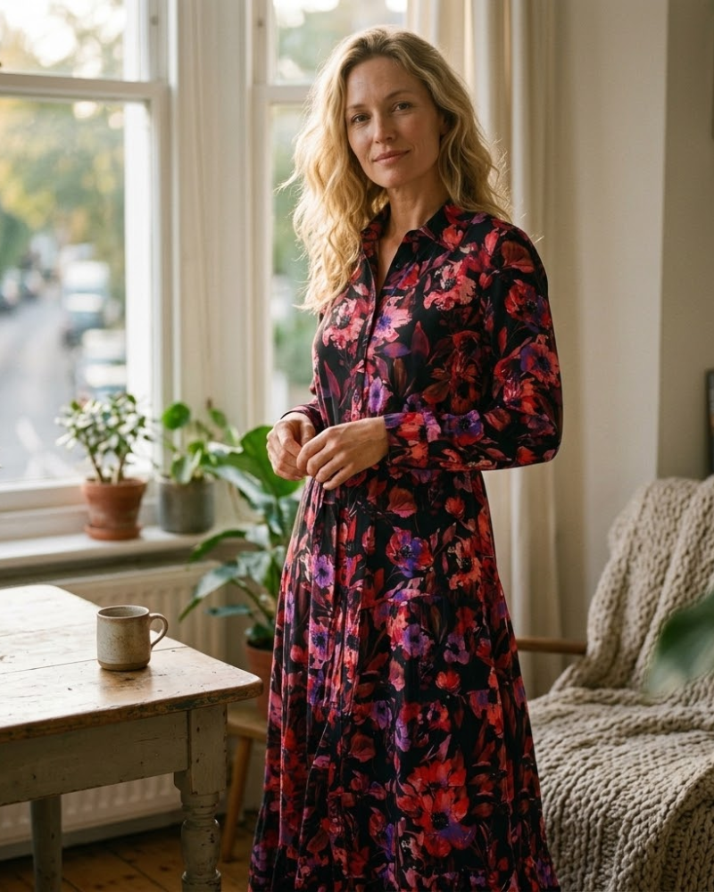 Chloé Maxi Blomstret Skjortekjole – Lang Kjole med Skjortekrave og Lange Ærmer, Elegant