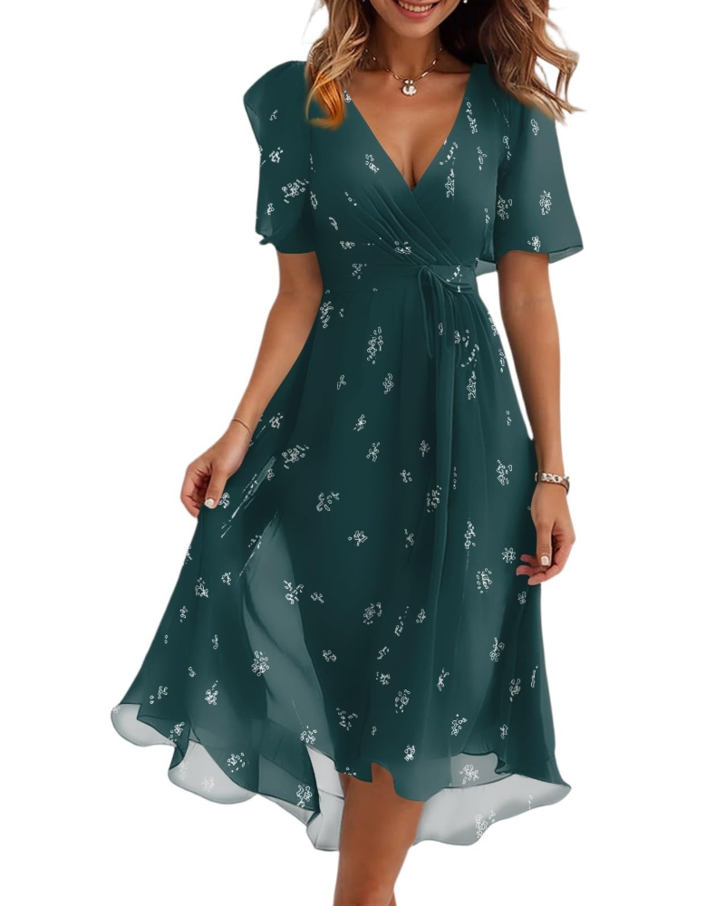 Maëlys Women's Floral Midi Dress – V-Neck Wrap Dress with Adjustable Waist Tie