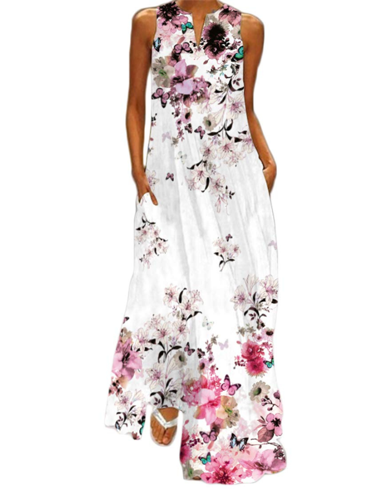 Vestito lungo floreale da donna Genevra – Abito bohemien con scollo a V, stampa farfalle e tasche