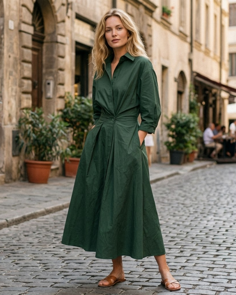 Sophie Vestido Camisa Maxi – Vestido Longo com Gola de Camisa e Cintura Fruncida Elegante para Mulher