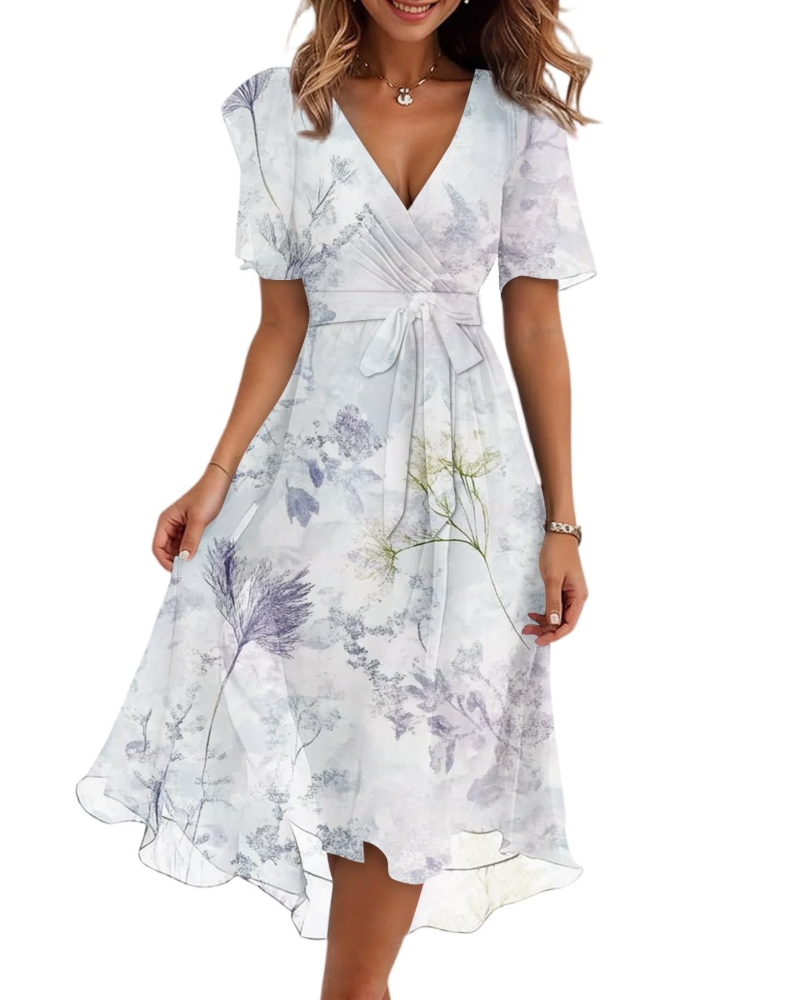Maëlys Women's Floral Midi Dress – V-Neck Wrap Dress with Adjustable Waist Tie