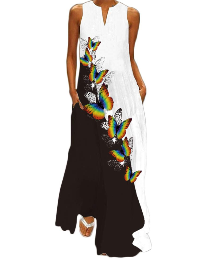 Vestito lungo floreale da donna Genevra – Abito bohemien con scollo a V, stampa farfalle e tasche