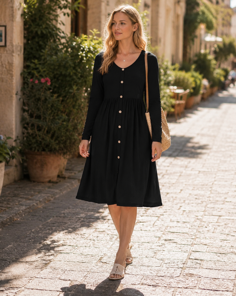Julie Robe Midi A-Line – Robe Casual Manches Longues avec Poches Femme