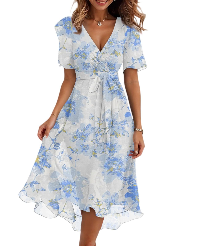 Maëlys Women's Floral Midi Dress – V-Neck Wrap Dress with Adjustable Waist Tie