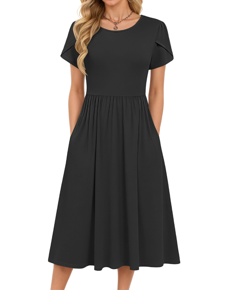 Delilah Robe Midi Femme – Robe d'Été Trapèze à Taille Élastique avec Poches