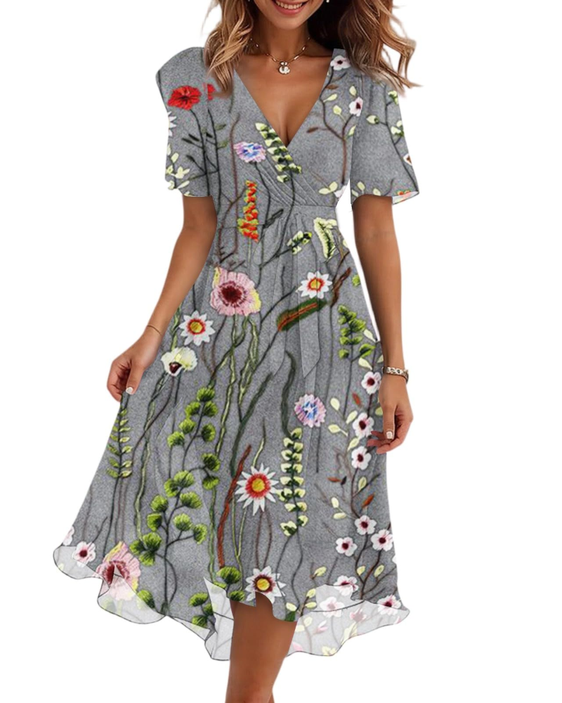 Maëlys Women's Floral Midi Dress – V-Neck Wrap Dress with Adjustable Waist Tie