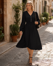 Emma Robe Femme Midi – Robe Col V Manches Longues Taille Haute A-Line Élégante