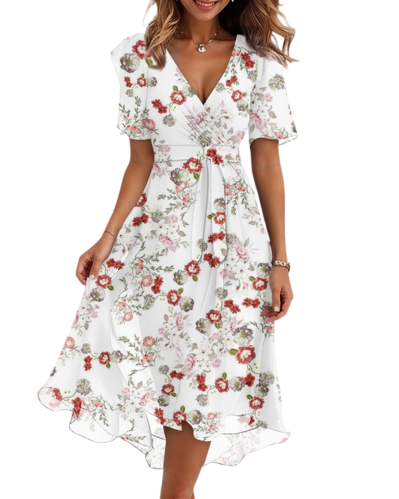 Maëlys Women's Floral Midi Dress – V-Neck Wrap Dress with Adjustable Waist Tie