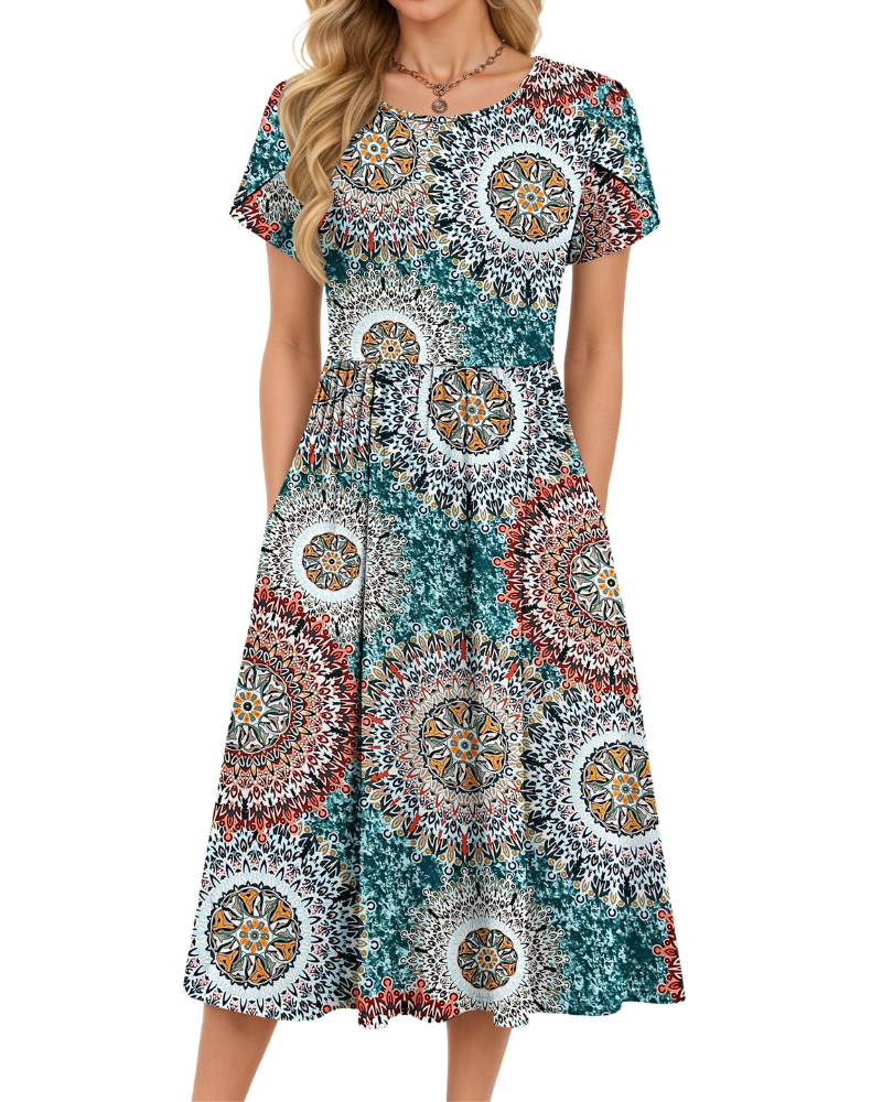 Delilah Robe Midi Femme – Robe d'Été Trapèze à Taille Élastique avec Poches