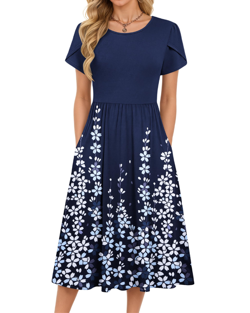 Delilah Robe Midi Femme – Robe d'Été Trapèze à Taille Élastique avec Poches