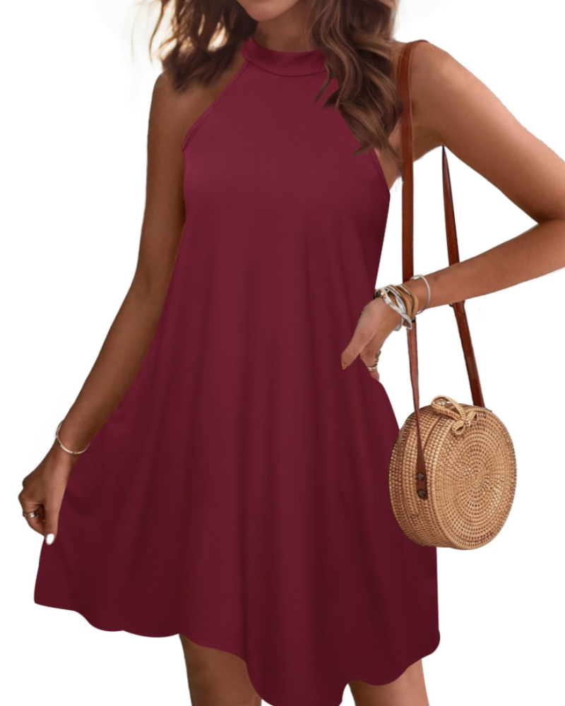 Camille Robe Mini Femme Dos Nu – Robe d'Été à Col Halter Sans Manches avec Poches
