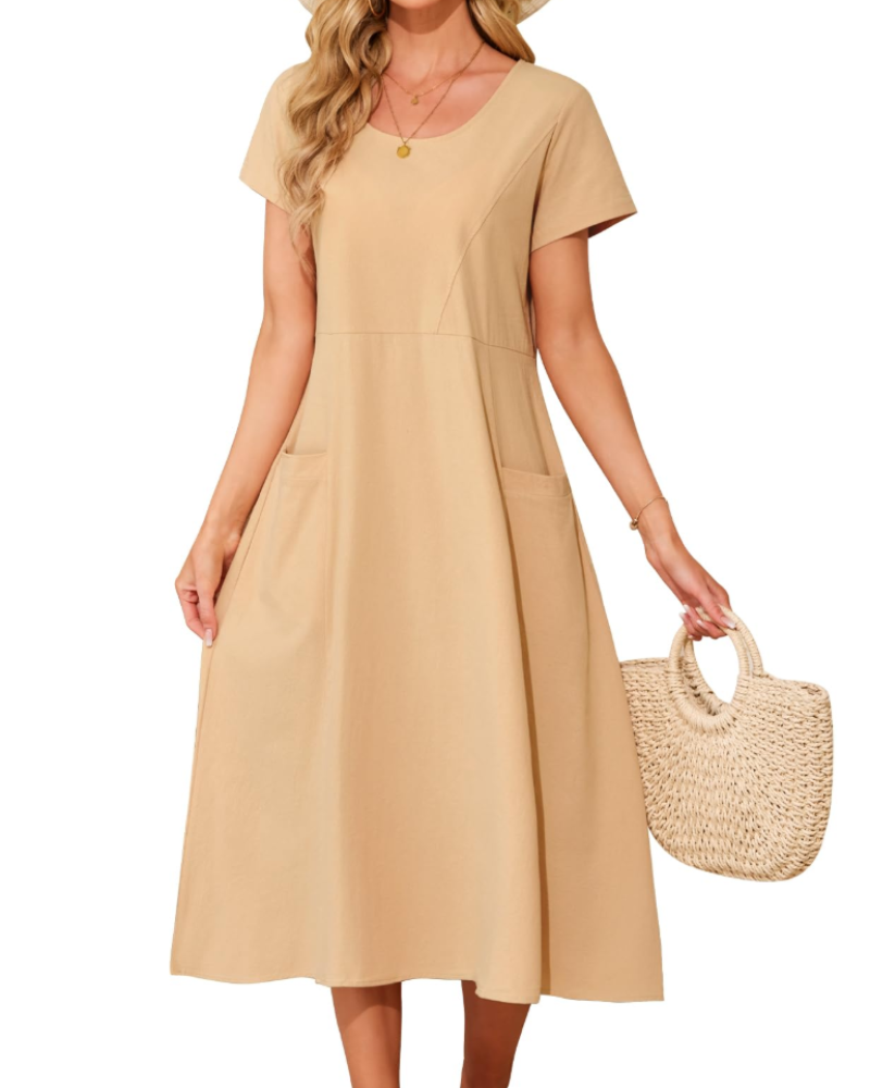 Eliza Midi-Kleid für Damen aus Baumwolle – Boho-Sommerkleid mit Taschen und kurzen Ärmeln