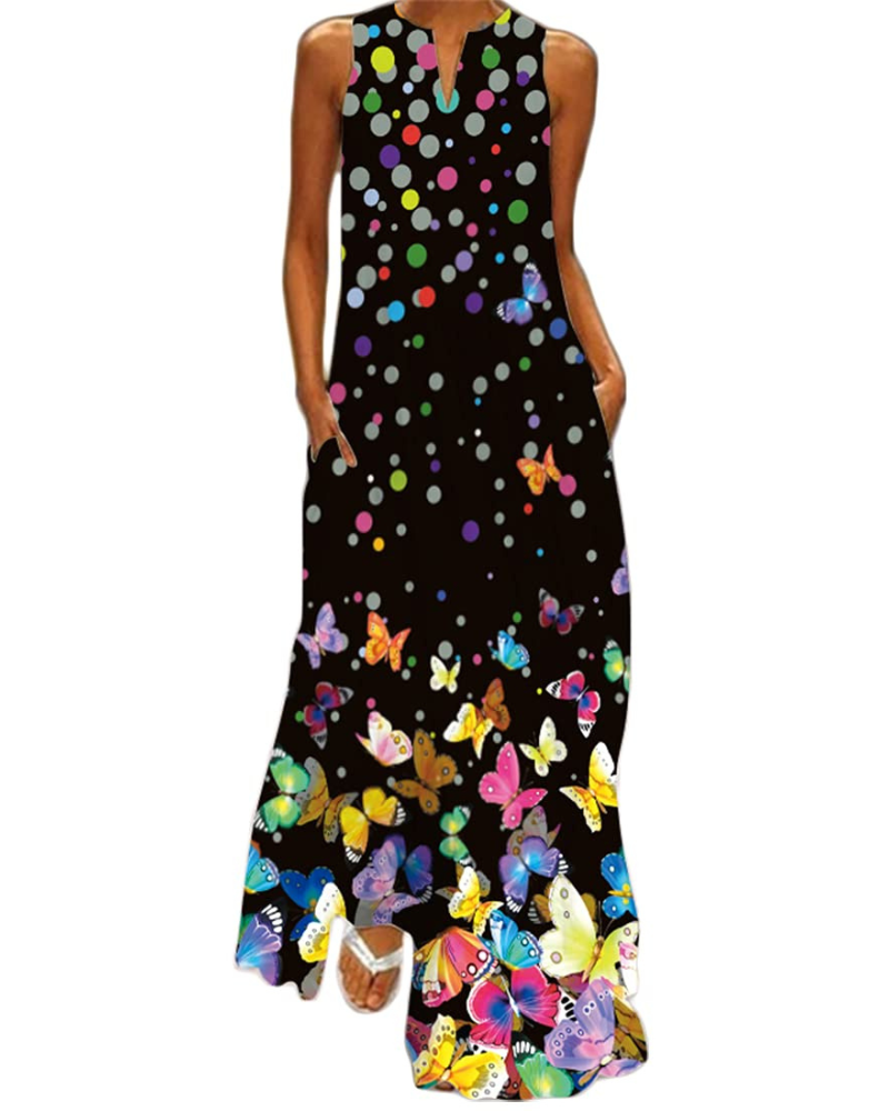 Vestito lungo floreale da donna Genevra – Abito bohemien con scollo a V, stampa farfalle e tasche