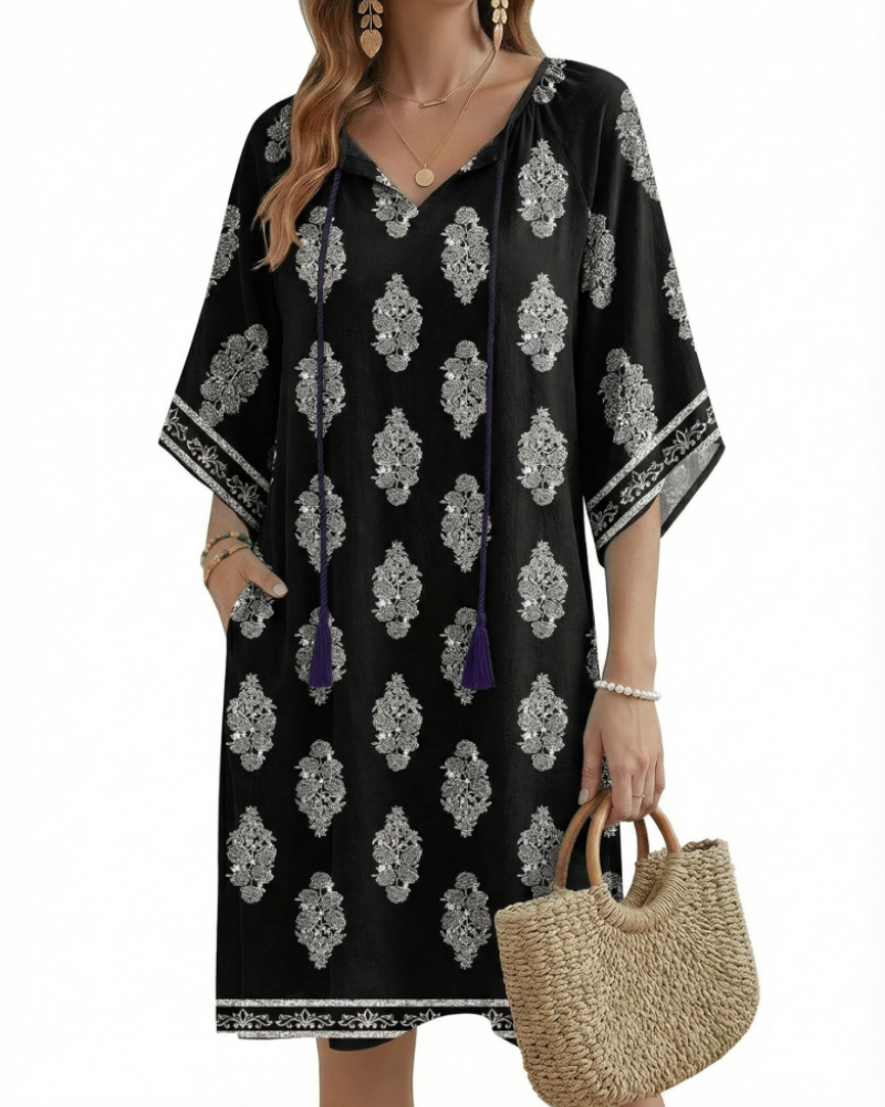 Fiona Robe Tunique Bohème Femme – Robe Fleurie Col V avec Poches Longueur Genou