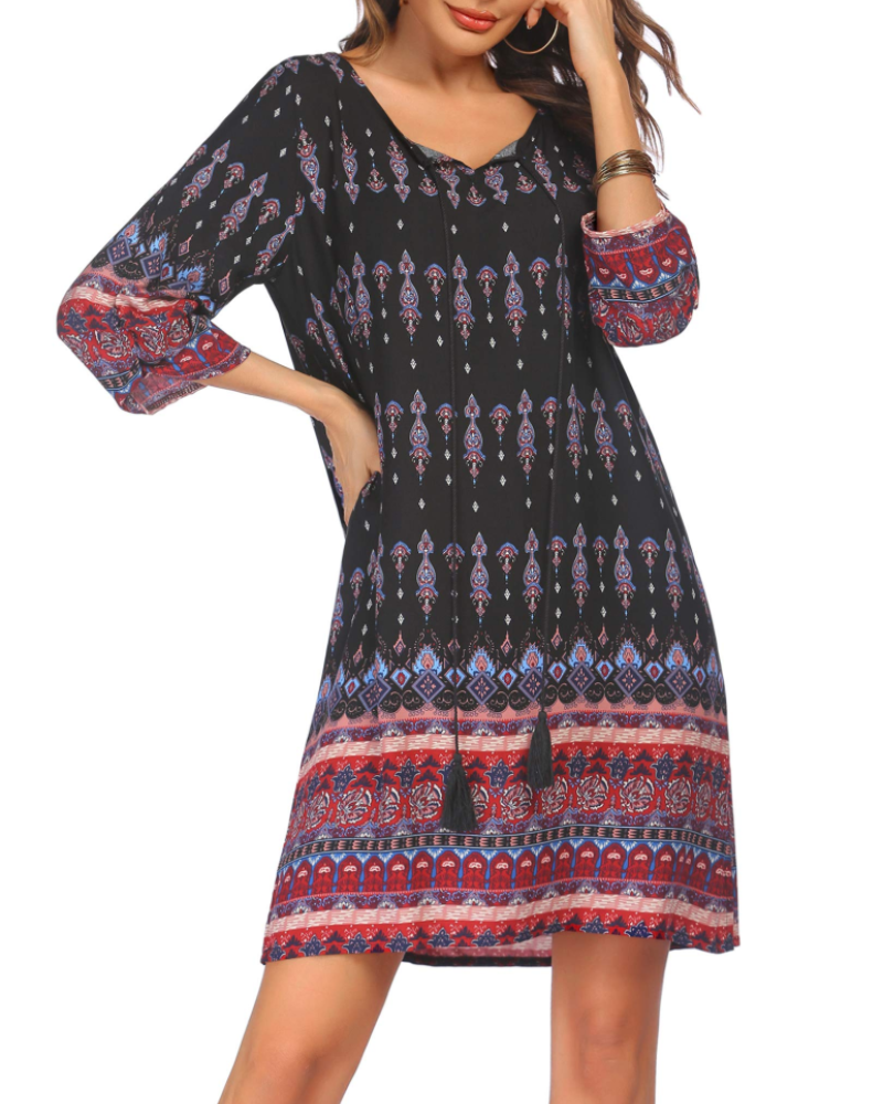 Scarlett Robe Tunique Femme Bohème – Robe Fleurie à Pompons Manches Longues