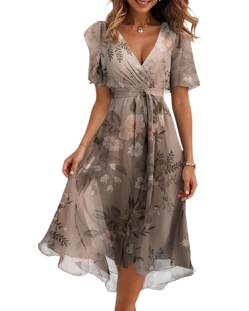 Maëlys Women's Floral Midi Dress – V-Neck Wrap Dress with Adjustable Waist Tie
