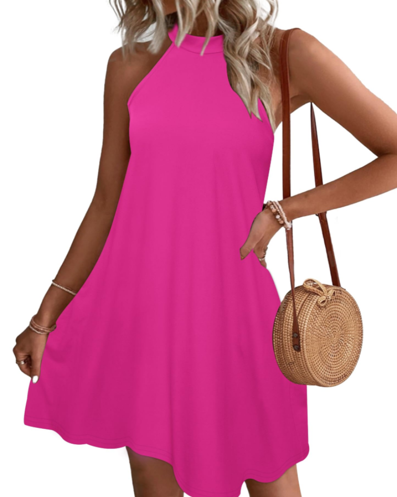 Camille Robe Mini Femme Dos Nu – Robe d'Été à Col Halter Sans Manches avec Poches