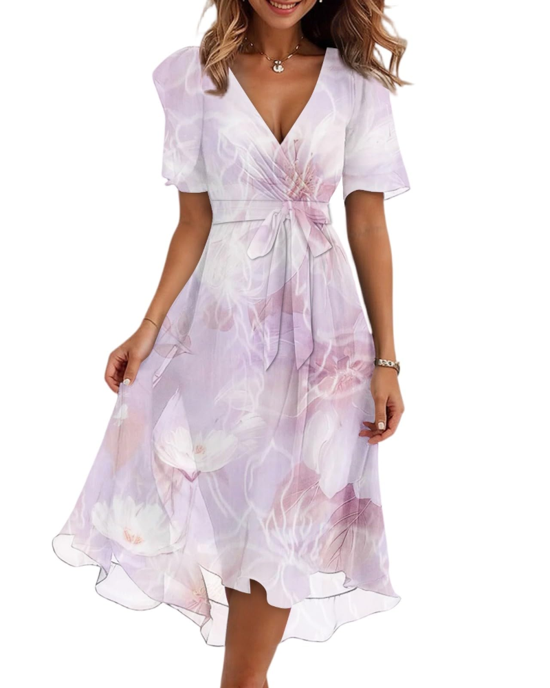 Maëlys Women's Floral Midi Dress – V-Neck Wrap Dress with Adjustable Waist Tie