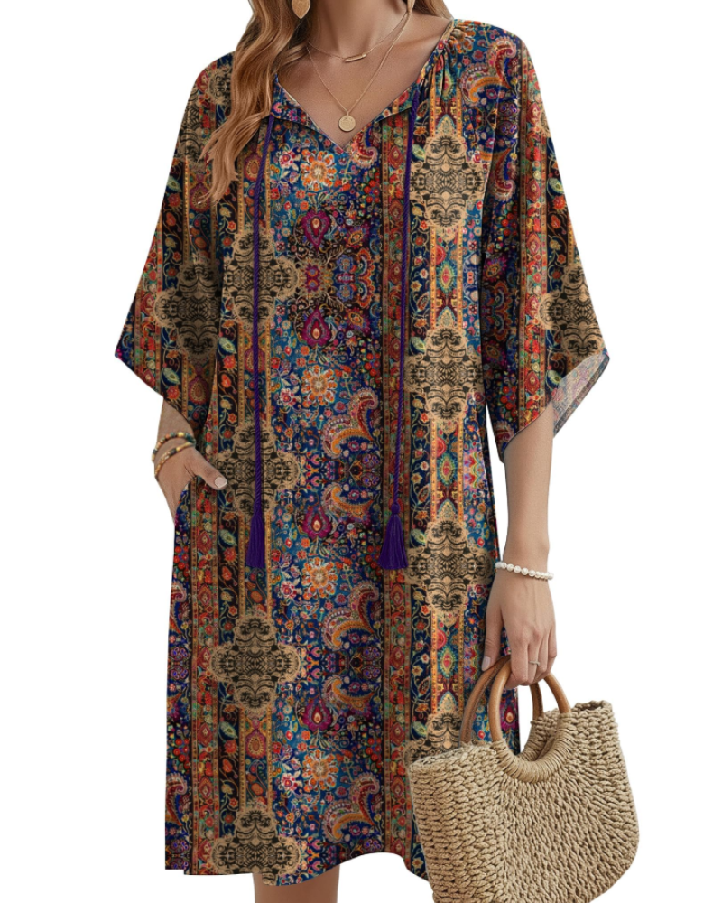 Fiona Robe Tunique Bohème Femme – Robe Fleurie Col V avec Poches Longueur Genou