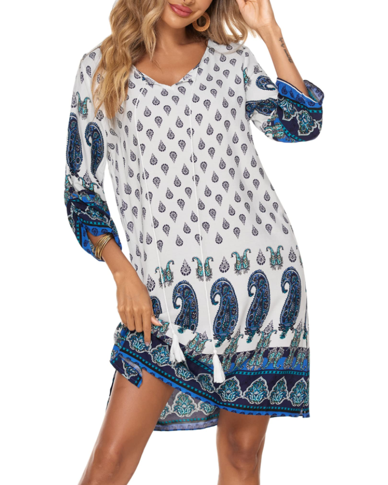 Scarlett Robe Tunique Femme Bohème – Robe Fleurie à Pompons Manches Longues