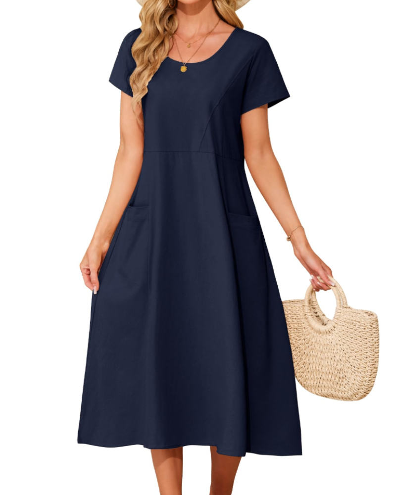Eliza Midi-Kleid für Damen aus Baumwolle – Boho-Sommerkleid mit Taschen und kurzen Ärmeln