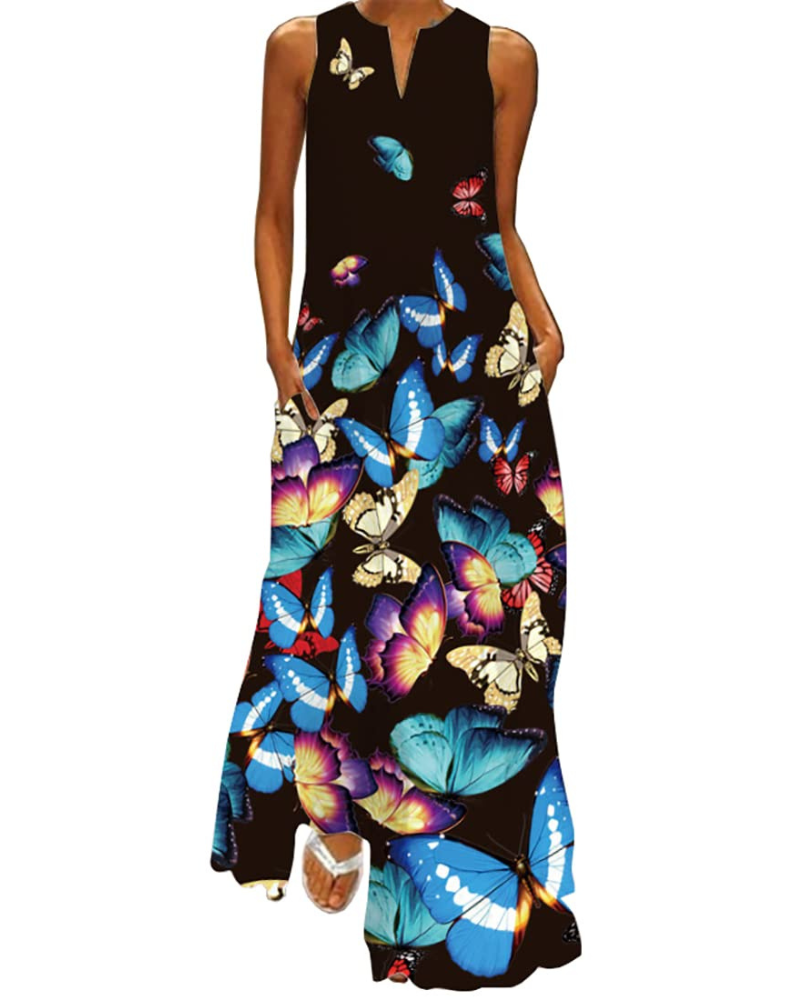 Vestito lungo floreale da donna Genevra – Abito bohemien con scollo a V, stampa farfalle e tasche
